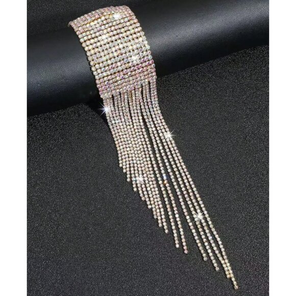 Glam Silver Crystal Tassel Bracelet – 11" Statement Fringe Cuff for Women - Picture 3 of 3